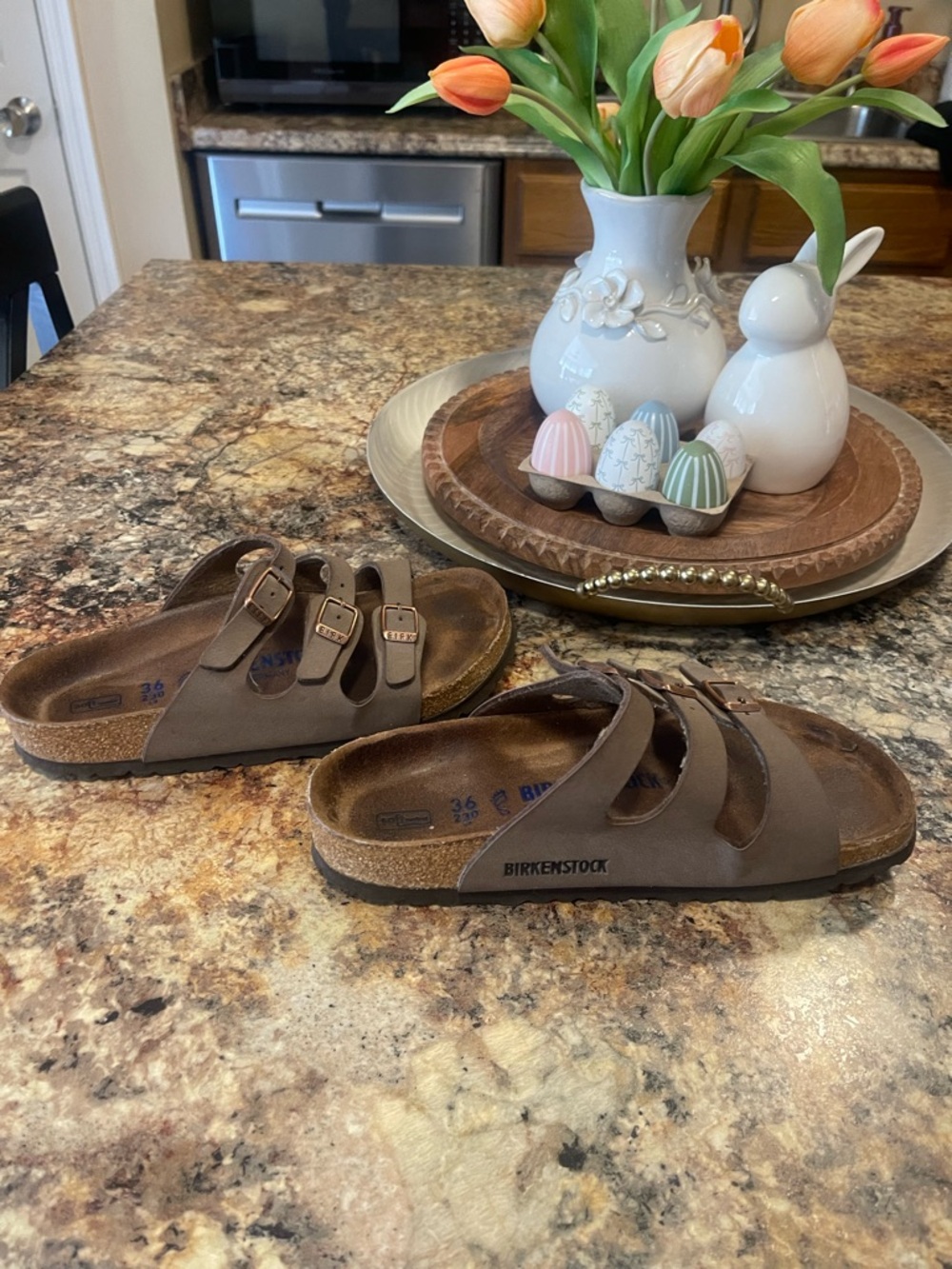 Birkenstock Brown Triple-Strap Suede Slide Sandals